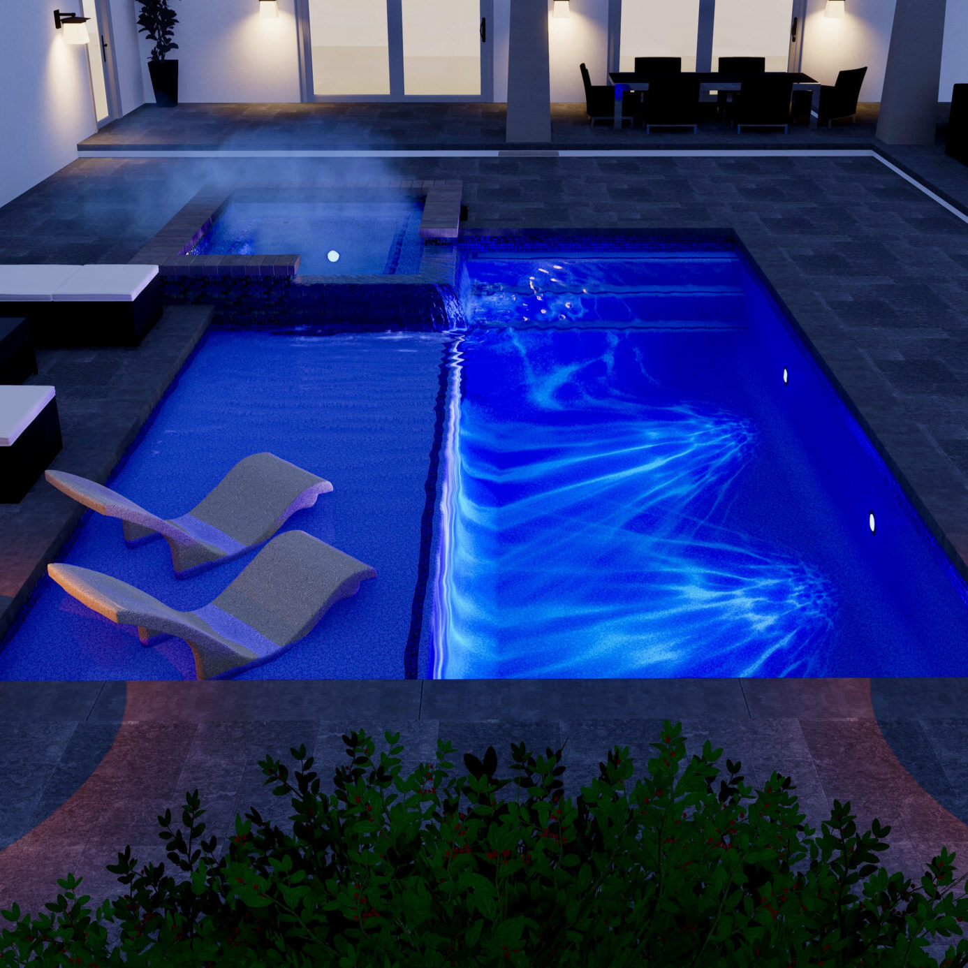 3D Rendering of a concrete swimming pool at night time for a client in Lithia, FL.