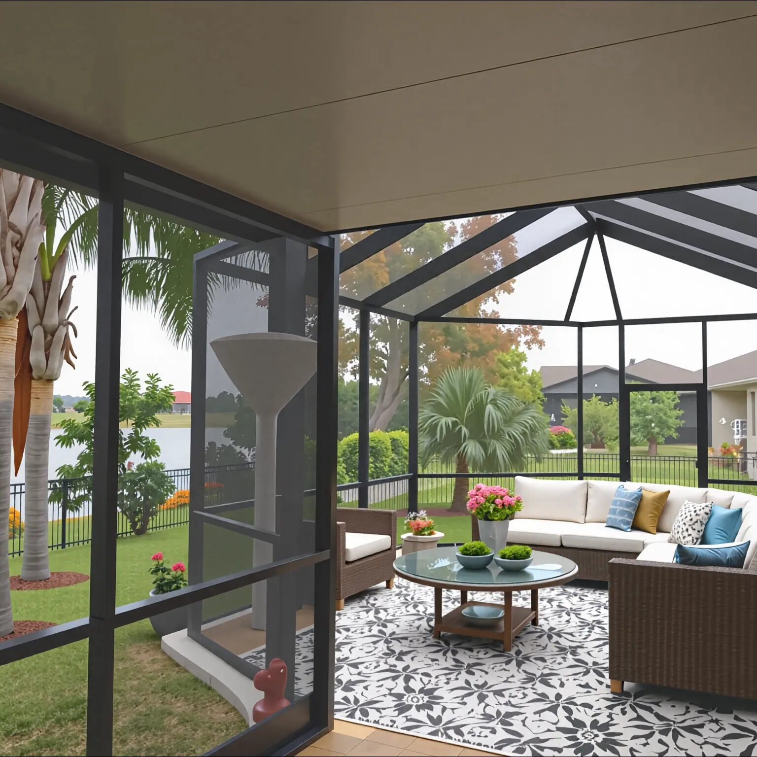 Hybrid screen enclosure by GRACO Construction. Part solid roof, part screen.