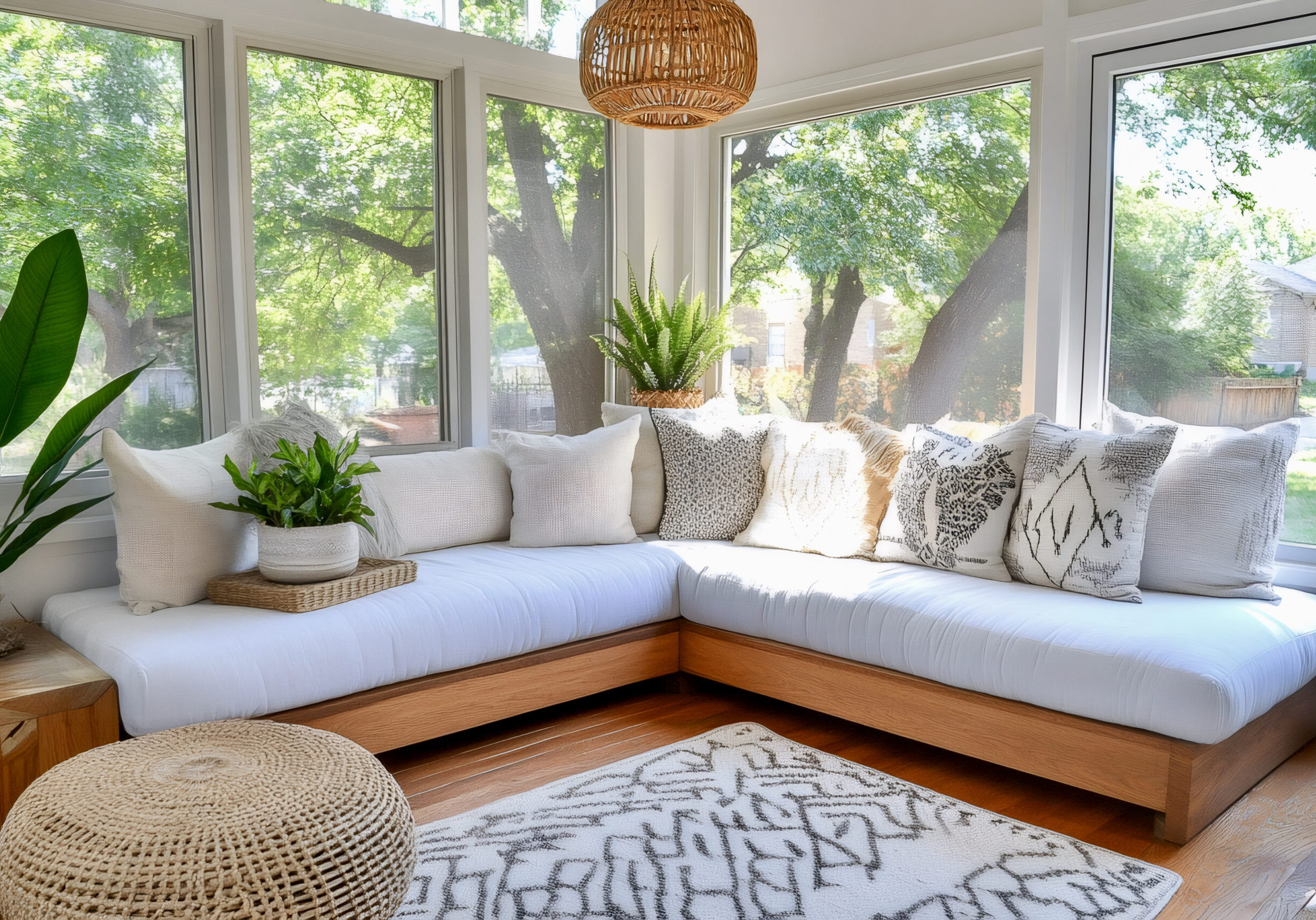 Bright sunroom with l-shaped sofa, cushions, houseplants, and a view of green trees, perfect for relaxing
