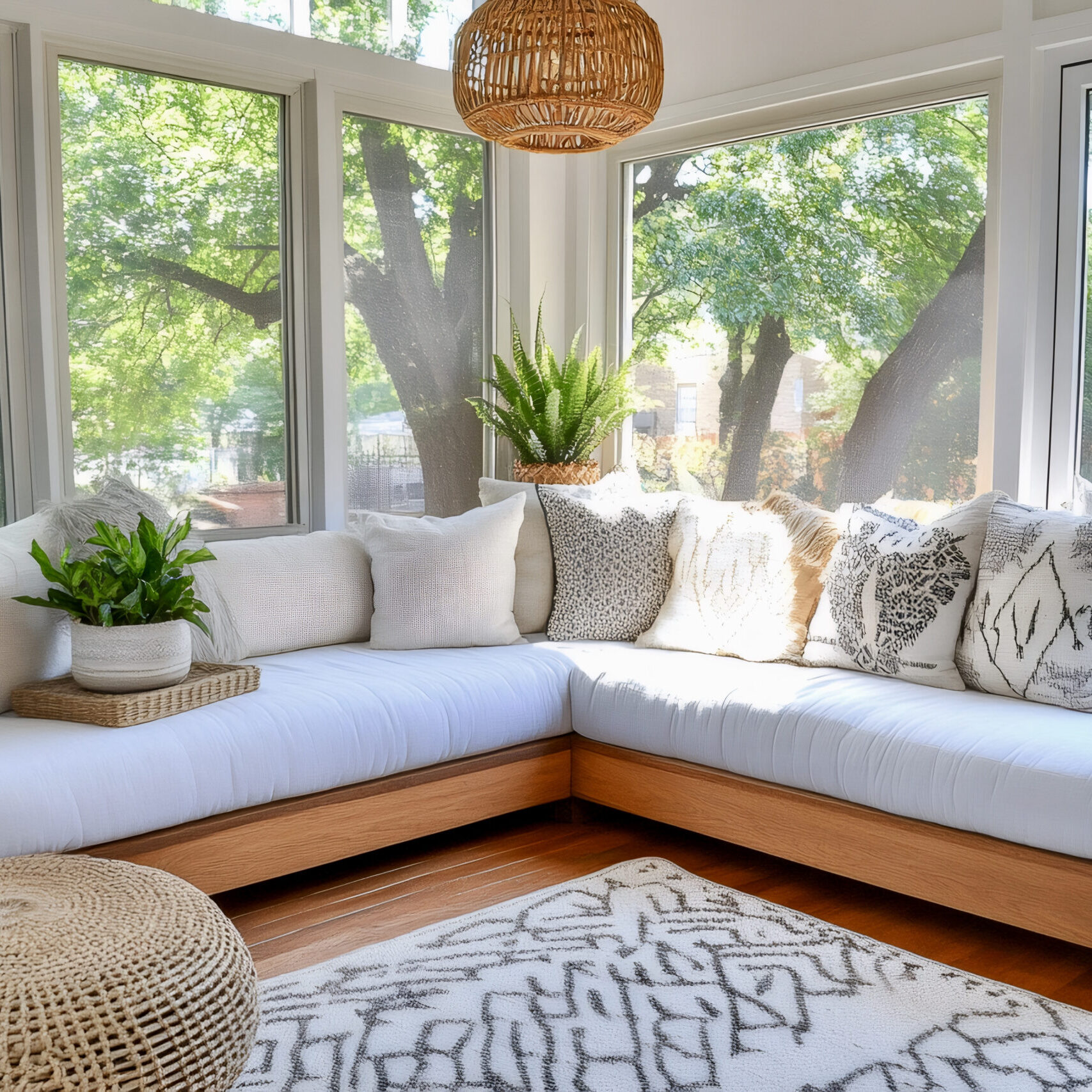 Bright sunroom with l-shaped sofa, cushions, houseplants, and a view of green trees, perfect for relaxing